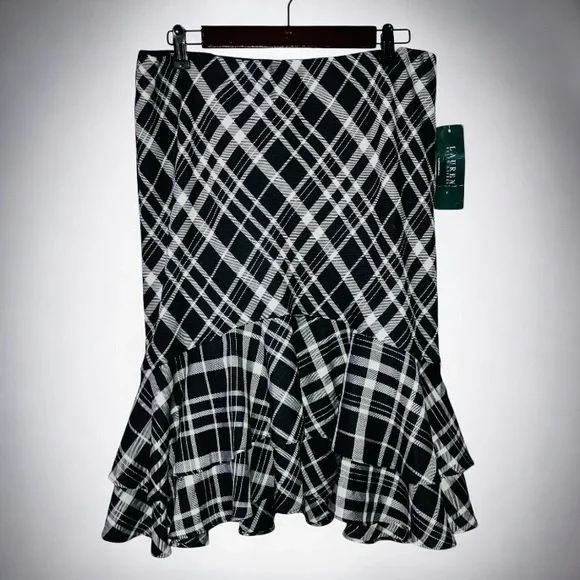 NWT Lauren Ralph Lauren Black White Plaid Side Wrap Ruffled Hem Midi Skirt Sz M - Picture 2 of 5